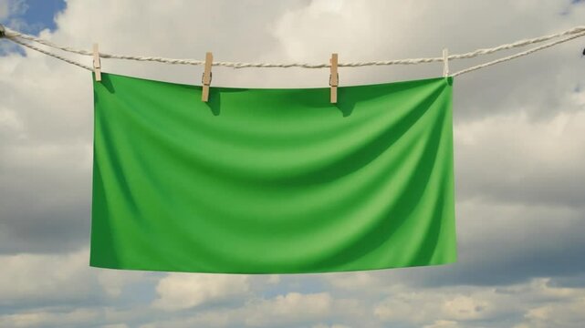 green clothes drying on a clothesline. 