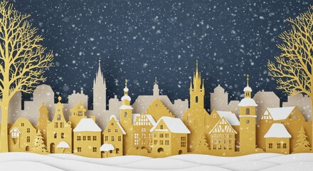 Christmas Cityscape Illustration with Gold Glitter Snowfall and Winter Season