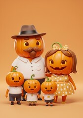 Cute Pumpkin Family Group Portrait in Orange Background Illustration