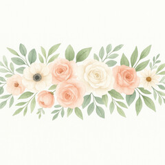 Fototapeta premium Watercolor Floral Arrangement: A delicate arrangement of soft, pastel-colored flowers and lush green leaves creates a beautiful and harmonious display, evoking feelings of serenity and elegance.