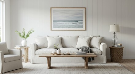 Cozy Living Room Interior With White Sofa Table Decor and Ocean View Art