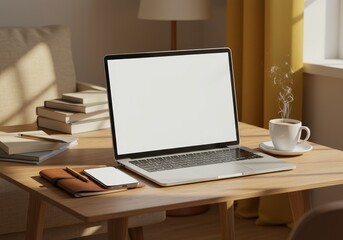 Cozy Workspace Photo Laptop Coffee Mug Notebook On Wooden Table Warm Daylight