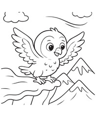 Coloring book baby eagle on a cliff, ready to fly, with mountains and clouds in the background.