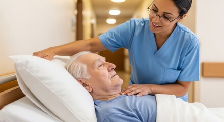 Obraz premium Nurse comforting elderly patient in hospital bed, showing care and support.