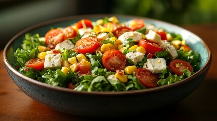 Fresh salad with greens, tomatoes, corn, and cheese cubes in a bowl
