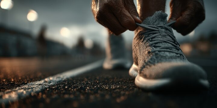Close-up of senior adult male runner tying shoelaces on athletic shoe on road before workout