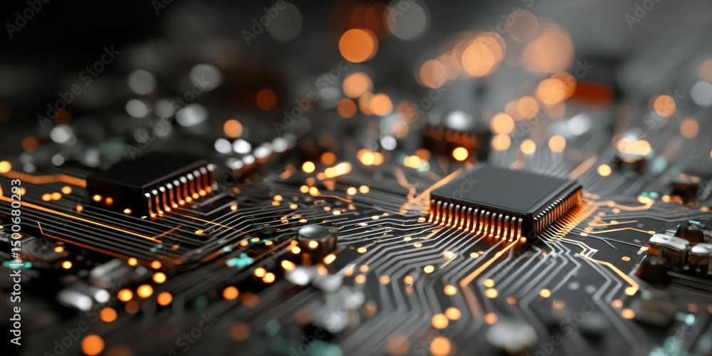 Poster macro shot of a black microchip with orange lights on circuit board, high-tech concept