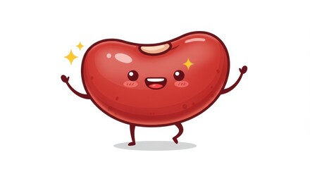 Cute Red Bean Cartoon Character with Happy Expression on White Background Illustration