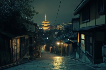 Fototapeta premium Night View with Kyoto Pagoda, and Street.