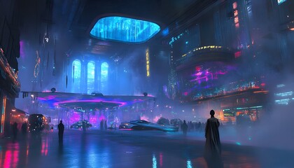 Futuristic city square at night with neon lights and vehicles.