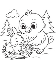 Coloring book baby eagle gently interacts with a friendly bunny in a nest
