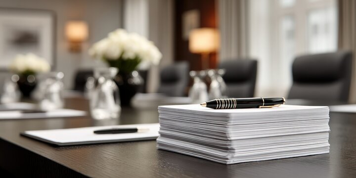 executive table with white paper stack, black pen, flowers, water glasses in meeting room setup