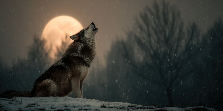 Gray wolf howling at full moon in winter landscape scene with snow falling