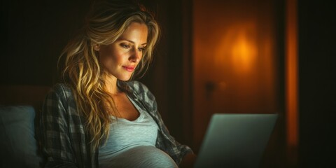 caucasian pregnant woman using laptop at night, backlit screen illuminating face in cozy home