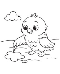 Coloring book baby eagle sweetly draws or plays in a puddle under a fluffy cloud.