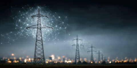 Fototapeta premium power lines in open field with digital network cloud connecting electricity transmission lines