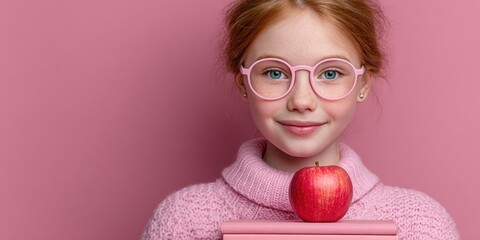 portrait of a smiling redhead girl with glasses holding apple and books against pink backdrop
