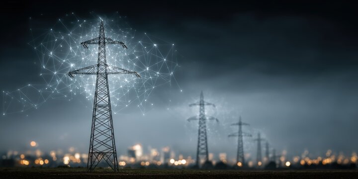power lines in open field with digital network cloud connecting electricity transmission lines