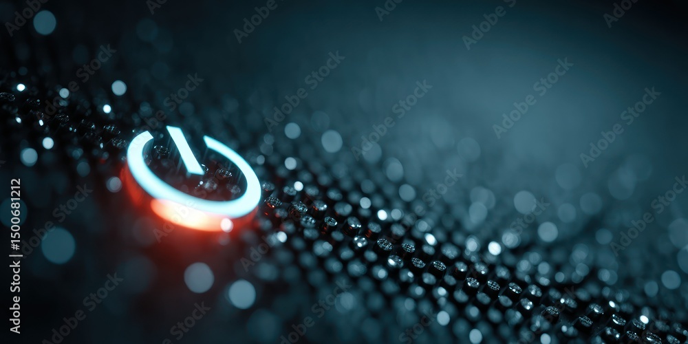 Aufkleber illuminated power button glows on textured black surface with soft focus