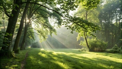 Obraz premium A tranquil forest clearing bathed in dappled sunlight, highlighting the natural beauty and calmness of the woodland environment.