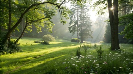 Fototapeta premium A tranquil forest clearing bathed in dappled sunlight, highlighting the natural beauty and calmness of the woodland environment.
