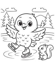 Coloring book  baby eagle joyfully ice skates with a curious squirrel on a frozen pond