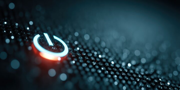 illuminated power button glows on textured black surface with soft focus