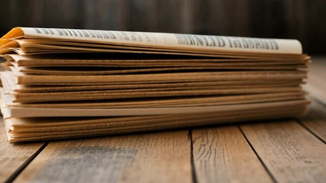 Stack of Old Newspapers on Wooden Table