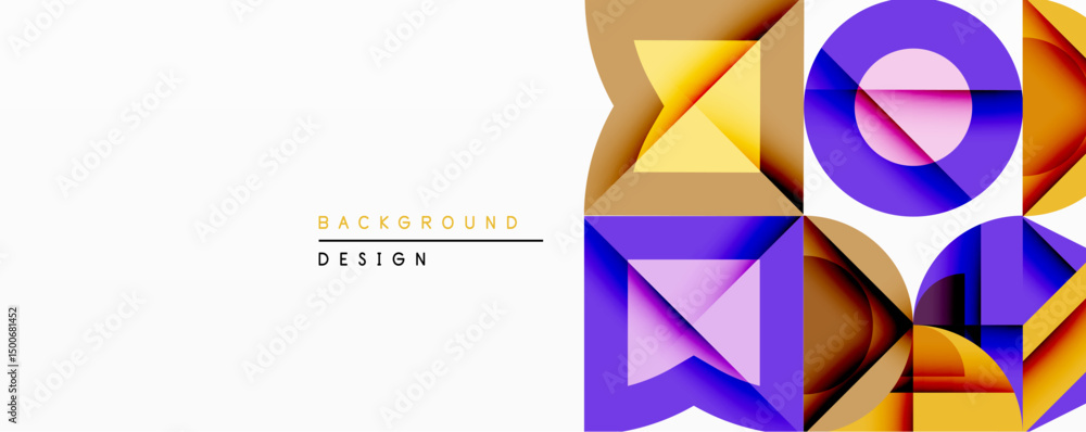 Poster Abstract geometric composition. Overlapping squares, triangles create vibrant gradient effect. Modern design suitable for backgrounds, presentations, digital art projects.