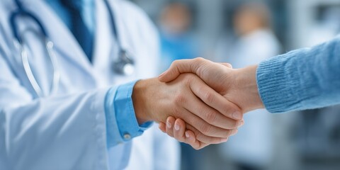 doctor shaking hands with caucasian female patient in hospital, partnership and trust concept