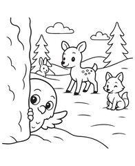 Coloring book baby eagle peeks from behind a tree, observing a cute fawn, a playful fox, and a fluffy bunny in a snowy forest