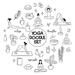Collection of yoga, relax, meditation doodles illustrating poses and symbols for wellness enthusiasts