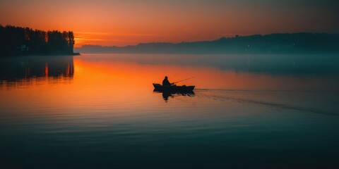 Silhouette of solitary man fishing from small boat on tranquil lake during colorful sunset horizon