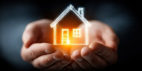 sketch of house held in human hands with soft light glowing for hope and future concept