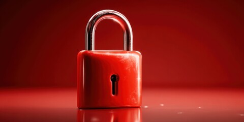 shiny red padlock on a reflective surface in a studio with moody lighting security object