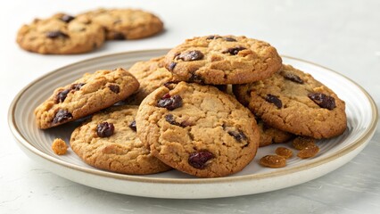 Golden Brown Raisin Cookies on Plate, Baking, Dessert, Recipe