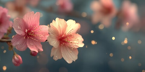 close-up of two pink cherry blossoms in soft focus against a blurred bokeh background