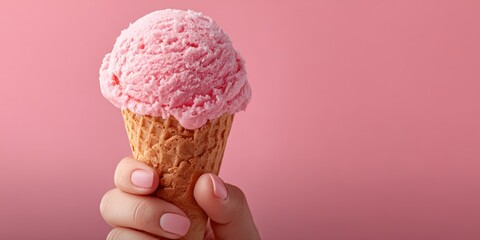 Adult female hand holds pink ice cream cone against a matching pink background, studio shot.