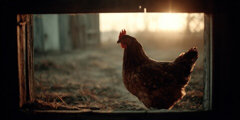 brown hen standing in opening with sunlight in the background on a farm, rural, sunny morning