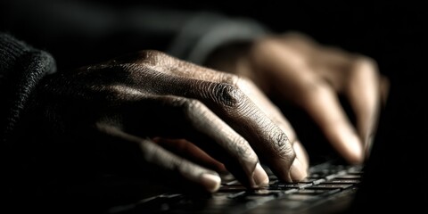 African male adult hands typing on a black laptop keyboard in dim light environment.