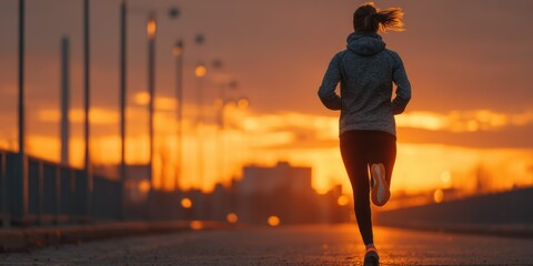 athletic Caucasian woman running at sunset on road toward city skyline in distance, back view