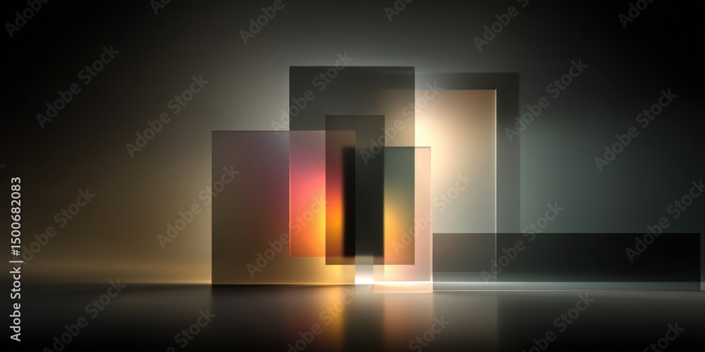 Poster overlapping glass panels with reflection create abstract composition and warm glow over dark surface