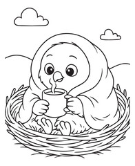 Coloring book eagle hatchling snuggles in a nest, wrapped in a cozy blanket and enjoying a warm drink.