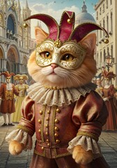 Costumed Cat in Venice Carnival Portrait Photo Detailed Colors Background