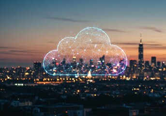 Digital Cloud Over City Skyline At Night Abstract Illustration