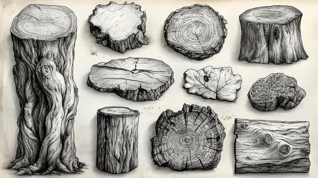 Log cross-sections; various shapes and sizes, rough textures, varying rings and knots