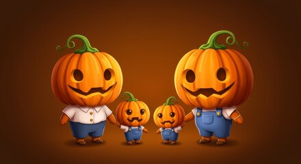 Cute Pixel Pumpkin Family Halloween Illustration on a Brown Background