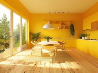A warm, inviting dining room bathed in yellow tones, complimented by a beautiful view of the garden - obrazy, fototapety, plakaty