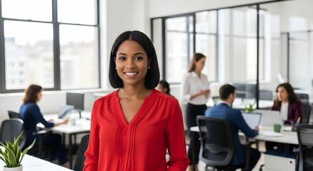 Confident young woman in a red blouse smiles warmly in a modern office with large windows, as colleagues work and converse in the background, reflecting a dynamic, professional environment.