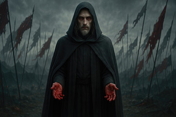 AI generated image of a hooded man with blood on his hands standing in a battlefield of tattered flags.